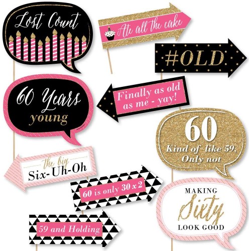 Big Dot of Happiness Funny Chic 60th Birthday Pink Black and Gold - Birthday Party Photo Booth Props Kit 10 Piece