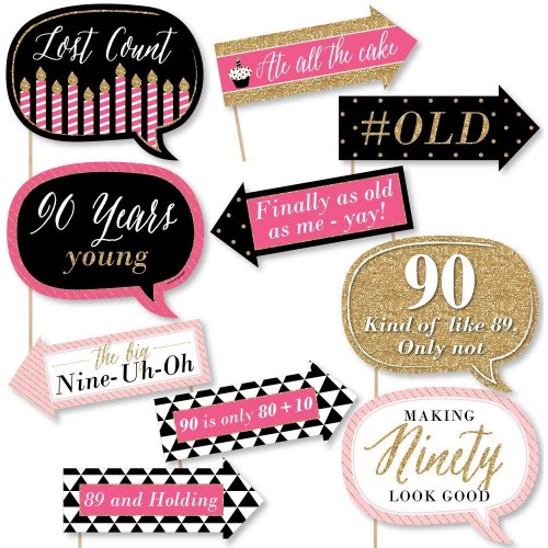 Big Dot of Happiness Funny Chic 90th Birthday Pink Black and Gold - Birthday Party Photo Booth Props Kit 10 Piece