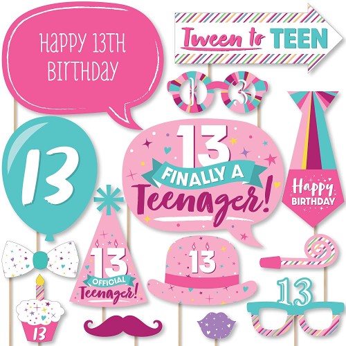 Big Dot of Happiness Girl 13th Birthday Official Teenager Birthday Party Photo Booth Props Kit 20 Count