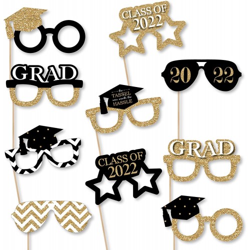 Big Dot of Happiness Gold Glasses Tassel Worth The Hassle 2022 Paper Card Stock Graduation Party Photo Booth Props Kit 10 Count
