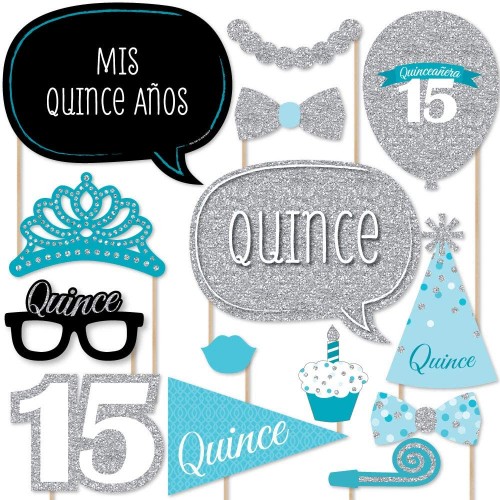 Big Dot of Happiness Quinceanera Teal Sweet 15 Birthday Party Photo Booth Props Kit 20 Count
