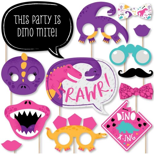 Big Dot of Happiness Roar Dinosaur Girl Dino Mite T-Rex Baby Shower or Birthday Party Photo Booth Props Kit 20 Count