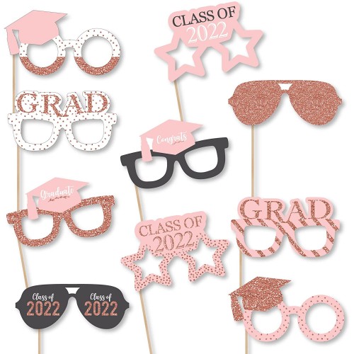 Big Dot of Happiness Rose Gold Grad Glasses 2022 Paper Card Stock Graduation Party Photo Booth Props Kit 10 Count