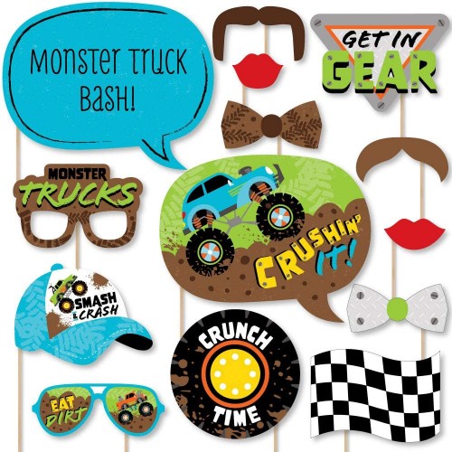 Big Dot of Happiness Smash and Crash Monster Truck Boy Birthday Party Photo Booth Props Kit 20 Count
