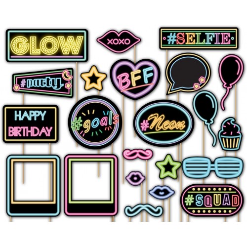 Birthday Galore Glow Light Neon Photo Booth Props Kit 20 Pack Party Camera Props Fully Assembled
