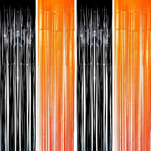 Black Orange Party Tinsel Foil Fringe Curtains Halloween Construction 1st Birthday Graduation Wedding Party Photo Booth Props Backdrops Decorations