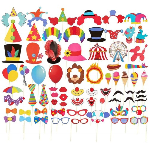 Blue Panda 72-Pack Circus Photo Booth Props Carnival Circus Party Backdrop Decorations Selfie Props Photo Booth Accessories Party Supplies Assorted Colors
