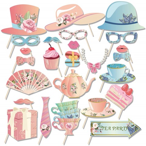 CC HOME 25CT Tea Party Photo Booth Props,Floral Party Supplies,Tea Garden Party Decorations