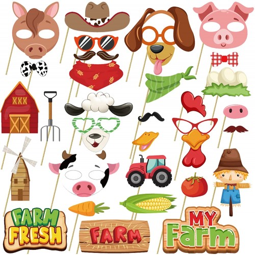 CPTBAG Farm Animal Photo Booth Props Barnyard Party Selfie Props for Funny Zoo Farmhouse Birthday Baby Shower Party Supplies Backdrop 35pcs