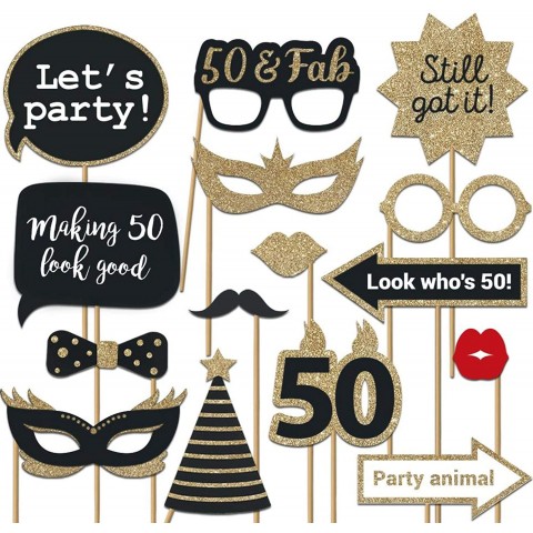 Fully Assembled 50th Birthday Photo Booth Props Set of 30 Black & Gold Selfie Signs 50th Party Supplies & Decorations Cute 50th Bday Designs with Real Glitter Did we mention no DIY?