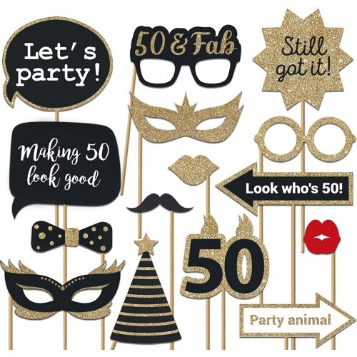 Fully Assembled 50th Birthday Photo Booth Props Set of 30 Black & Gold Selfie Signs 50th Party Supplies & Decorations Cute 50th Bday Designs with Real Glitter Did we mention no DIY?