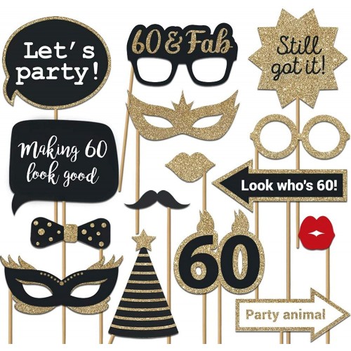 Fully Assembled 60th Birthday Photo Booth Props Set of 30 Black & Gold Selfie Signs 60th Party Supplies & Decorations Cute 60th Bday Designs with Real Glitter Did we Mention no DIY?