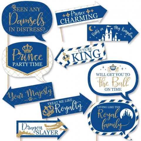 Funny Royal Prince Charming Baby Shower or Birthday Party Photo Booth Props Kit 10 Piece