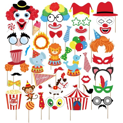 Kristin Paradise 44Pcs Circus Animals Photo Booth Props with Stick – Carnival Selfie Props Circo Party Supplies – Birthday Theme Backdrop Decorations for Kids Baby Shower 1st First Bday