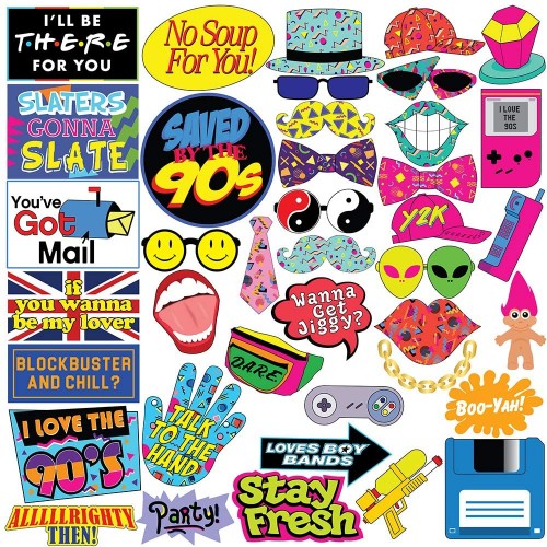 Throwback 90's Photo Booth Prop Set Funny 1990's Theme Party Decoration Favors & Supplies