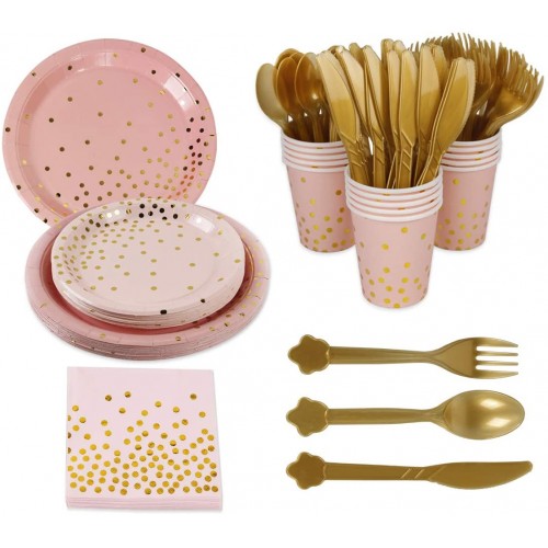 168pcs Pink Gold Party Supplies Disposable Tableware Paper Dinnerware Paper Plates Cutlery Napkins Cups Cutlery Spoons Forks Knives for Wedding Girl birthday party Baby Shower Serves 24