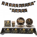 2022 Disposable Graduation Party Tableware: 24 Set Gold Black Paper Plates Trays Napkins Cups with Tablecloth Happy Congratuation Banner