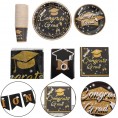 2022 Disposable Graduation Party Tableware: 24 Set Gold Black Paper Plates Trays Napkins Cups with Tablecloth Happy Congratuation Banner