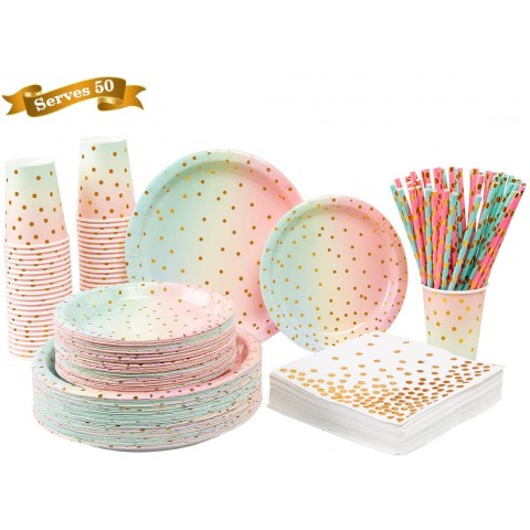 250PCS Colorful Paper Party Supplies ENUOSUMA Disposable Paper Plates Tableware Set Include 50 Dinner Plates 50 Dessert Plates 50 Cups 50 Napkins 50 Straws For Birthday Christmas Party Graduation