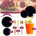 360 Piece Elegant Disposable Plastic Dinnerware Set for 60 Guests Fancy Gold Rimmed Black Dinner Plates Appetizer Plates Cutlery Set & Party Cups For Wedding Easter Birthday & All Occasions