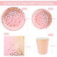 40PCS Party Plates for Girls Birthday Servers 10 Guest Pink with Gold Dot Disposable Tableware Paper Plates Cups Napkin Straws for Tea Party Baby Shower Luncheon Wedding Garden BBQ