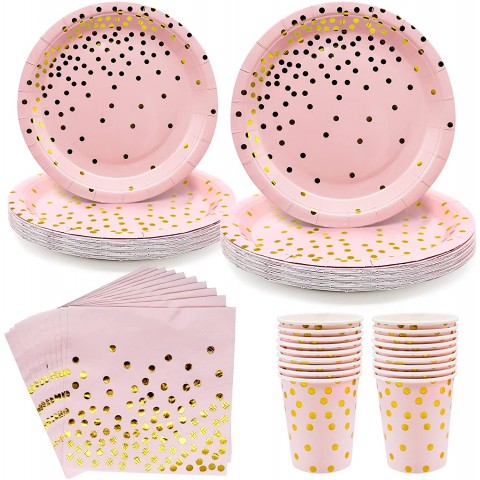 40PCS Party Plates for Girls Birthday Servers 10 Guest Pink with Gold Dot Disposable Tableware Paper Plates Cups Napkin Straws for Tea Party Baby Shower Luncheon Wedding Garden BBQ