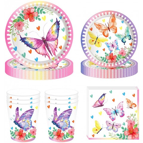 44 Pieces Butterfly Flower Party Supplies Tableware Set Includes Plates Napkins Cups Serves 8 Guests for Birthday Decorations