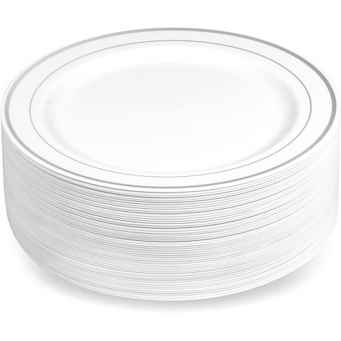 50 Plastic Disposable Dessert Appetizer Plates | 7.5 inches White with Silver Rim Real China Look | Ideal for Weddings Parties Catering | Heavy Duty & Non Toxic 50-Pack by BloominGoods