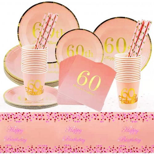 60th Birthday Decorations Party Supplies Set Disposable Tableware Includes Plates Cups Napkins Straws Tablecloth for Her 60 Birthday Party Serves 24
