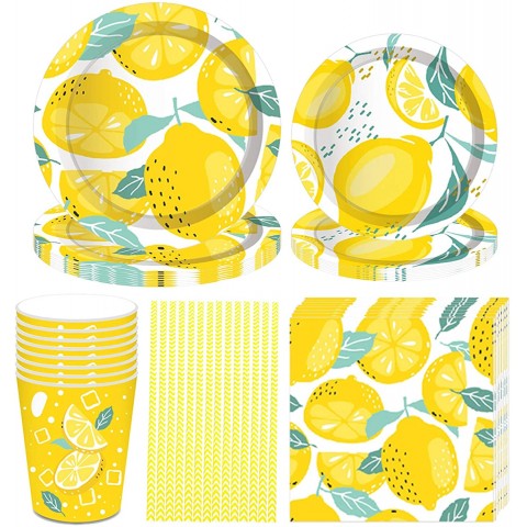 69 Pack Yellow Lemon Party Tableware Supplies Set Including Plates Cups Napkins Straws 69 PCS Serves 8 Guests for Birthday Baby Shower Decorations