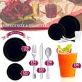 720 Piece Elegant Disposable Plastic Dinnerware Set for 120 Guests Fancy Silver Rimmed Black Dinner Plates Dessert Plates Cutlery Set & Party Cups For Wedding Easter Birthday & All Occasions