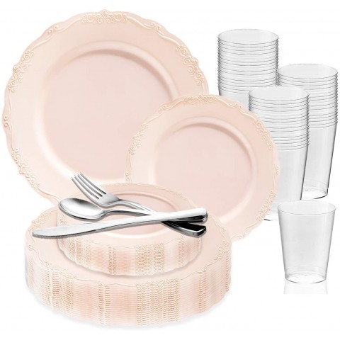 720 Piece Elegant Disposable Plastic Dinnerware Set for 120 Guests Fancy Vintage Pink Dinner Plates Dessert Salad Plates Silverware Set & Party Cups For Wedding Birthday Parties & All Occasions