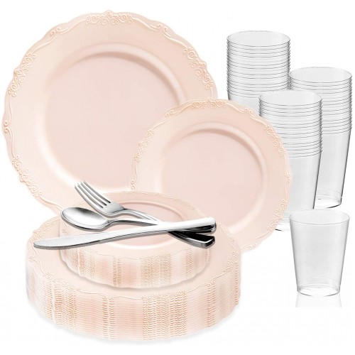 720 Piece Elegant Disposable Plastic Dinnerware Set for 120 Guests Fancy Vintage Pink Dinner Plates Dessert Salad Plates Silverware Set & Party Cups For Wedding Birthday Parties & All Occasions