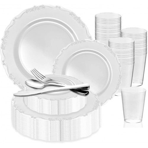 720 Piece Elegant Disposable Plastic Dinnerware Set for 120 Guests Fancy Vintage White Dinner Plates Dessert Salad Plates Silverware Set & Party Cups For Wedding Birthday Parties & All Occasions