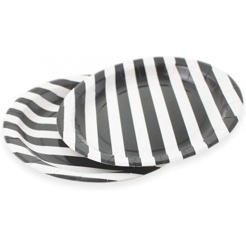 Black Striped Paper Plates 36pcs 9inch Round Party Plates for Dessert Cakes Fruits
