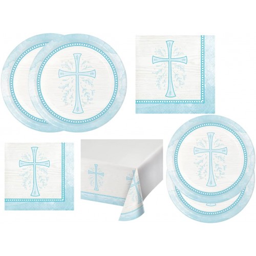Blue Cross Devotion Religious Party Supplies Disposable Tableware Kit Communion Baptism Bundle Includes Plates Napkins and Table Cover for 16 Guests 65 Pieces