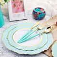 BoGee Disposable Tableware 50 Pieces of One-time Party Tableware Set Baroque Green Pink Beni Plastic Tray with Silver Tableware Suitable for Wedding Party Color : Pink 50pcs
