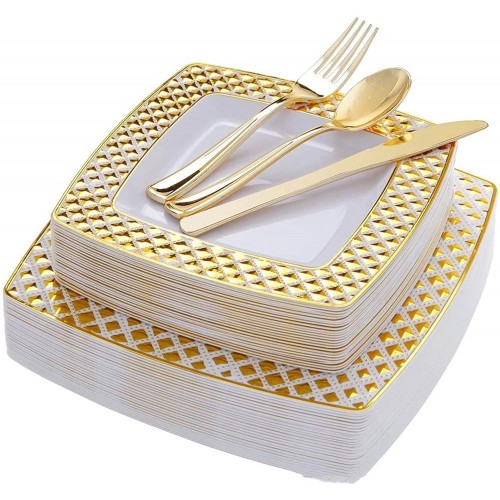 BZGWECD 85PCS Silver Gold Disposable Tableware Set Can Accommodate 10 People Square Bronzing Plate Tableware Party Tableware Decoration Color : Silver 85PCS