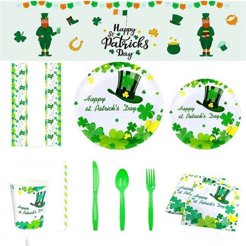 BZGWECD St. Patrick's Day Shamrock Irish Party Supplies Disposable Tableware Set Tablecloth Dinner Plate Birthday Tableware Decoration Color : 143pcs