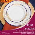 Disposable Plastic Dinnerware Set for 120 Guests Includes Fancy Round White with Blue & Gold Dinner Plates & Dessert Salad Plastic Plates For Weddings Thanksgiving Birthday Party & Other Occasions