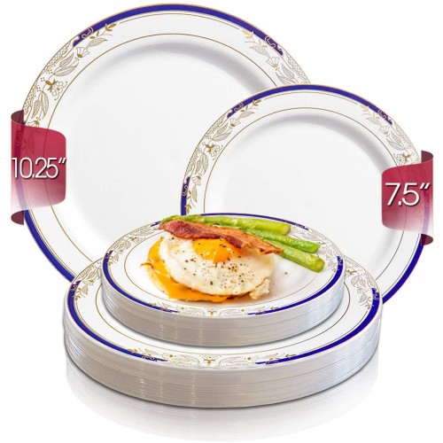 Disposable Plastic Dinnerware Set for 120 Guests Includes Fancy Round White with Blue & Gold Dinner Plates & Dessert Salad Plastic Plates For Weddings Thanksgiving Birthday Party & Other Occasions