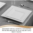 Disposable Plastic Dinnerware Set for 60 Guests Includes Fancy Square White Dinner Plates Dessert Salad Plates Silverware Set Silver Cutlery & Cups For Wedding Birthday Party & Other Occasions