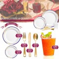 Disposable Plastic Dinnerware Wedding Value Set for 120 Guests Fancy Round White with Blue & Gold Dinner Plates Dessert Salad Plates Gold Silverware Set & Cups For Birthday Party & Other Occasions