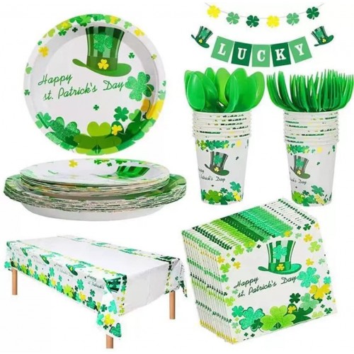 DOOGA St. Patrick's Day Party Supplies Set 111pcs Serves 16,Rainbow Shamrock Dinnerware Set,Plates,Tableware,Cups,Napkins,Banners,Table Cover for St.Patrick Irish Shamrock Themed Party Decoration