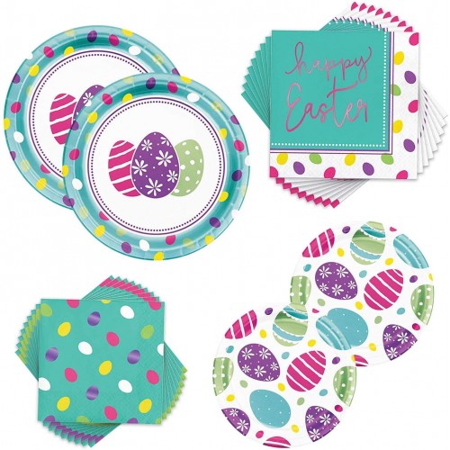 Easter Party Supplies Disposable Dinnerware Bundle | Colorful Foil Easter Eggs Tableware Set Includes Paper Plates and Napkins for 16 Guests 64 Total Pieces