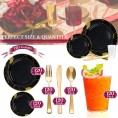 Elegant Disposable Plastic Dinnerware Set for 120 Guests Fancy Black with Gold Marble Rim Dinner Plates Dessert Salad Plates Silverware Set & Cups Bulk For Wedding Birthday Party & All Occasions