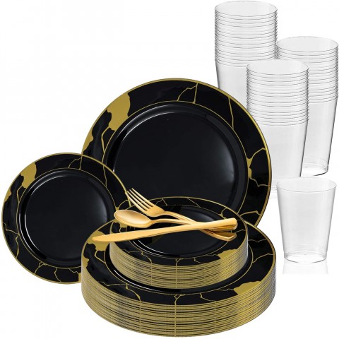 Elegant Disposable Plastic Dinnerware Set for 120 Guests Fancy Black with Gold Marble Rim Dinner Plates Dessert Salad Plates Silverware Set & Cups Bulk For Wedding Birthday Party & All Occasions