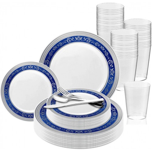 Elegant Disposable Plastic Dinnerware Set for 120 Guests Fancy White with Blue & Silver Royal Dinner Plates Dessert Salad Plates Silverware Set & Cups For Wedding Birthday Party & All Occasions