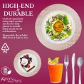 Elegant Disposable Plastic Dinnerware Set for 120 Guests Fancy White with Pink & Silver Mosaic Dinner Plates Dessert Salad Plates Silverware Set & Cups For Wedding Birthday Party & All Occasions