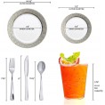 Elegant Disposable Plastic Dinnerware Set for 120 Guests Fancy White with Silver Hammered Rim Dinner Plates Dessert Salad Plates Silverware Set & Cups For Wedding Birthday Party & All Occasions